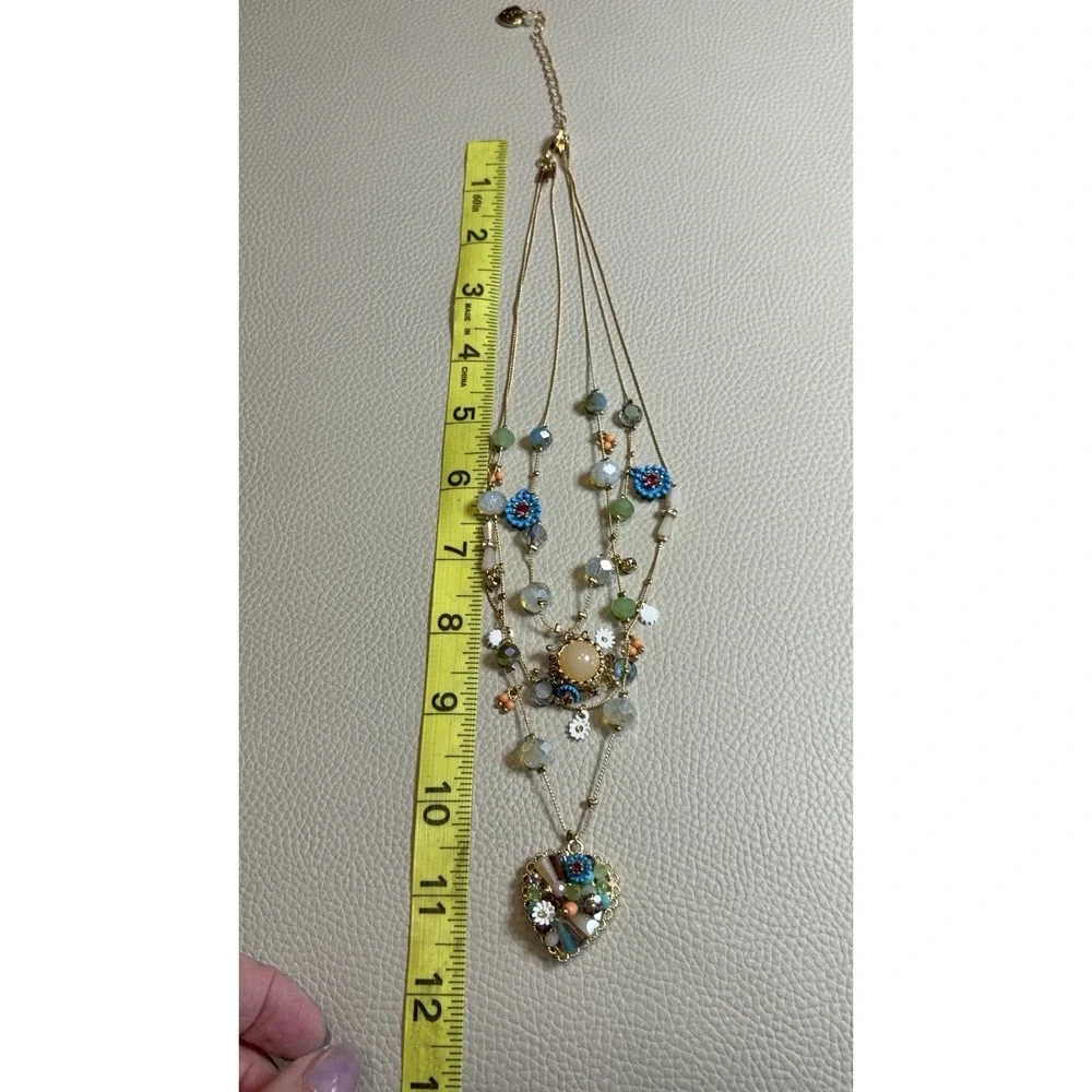 Betsey Johnson Layered Gold Charm Necklace Multi Strand Colorful Pendant EUC